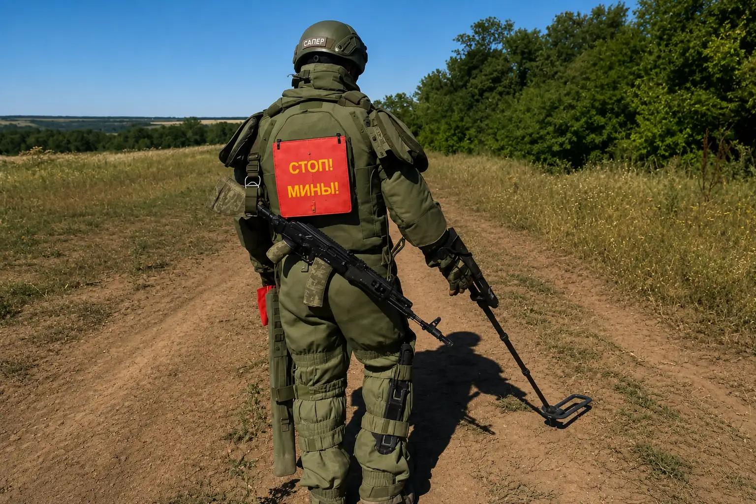 Сапёр в защитном костюме с миноискателем на разминировании